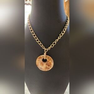 Bold Statement Necklace with Gold Chain & Natural Brown Disk Pendant